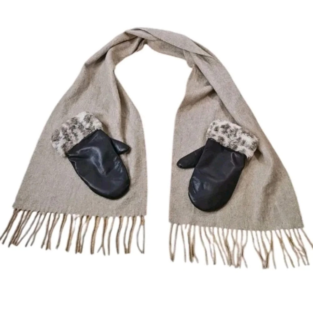 Lands End Cashmere Cuffs Leather Gloves Mittens Size Sm Med Fringed Scarf Beige